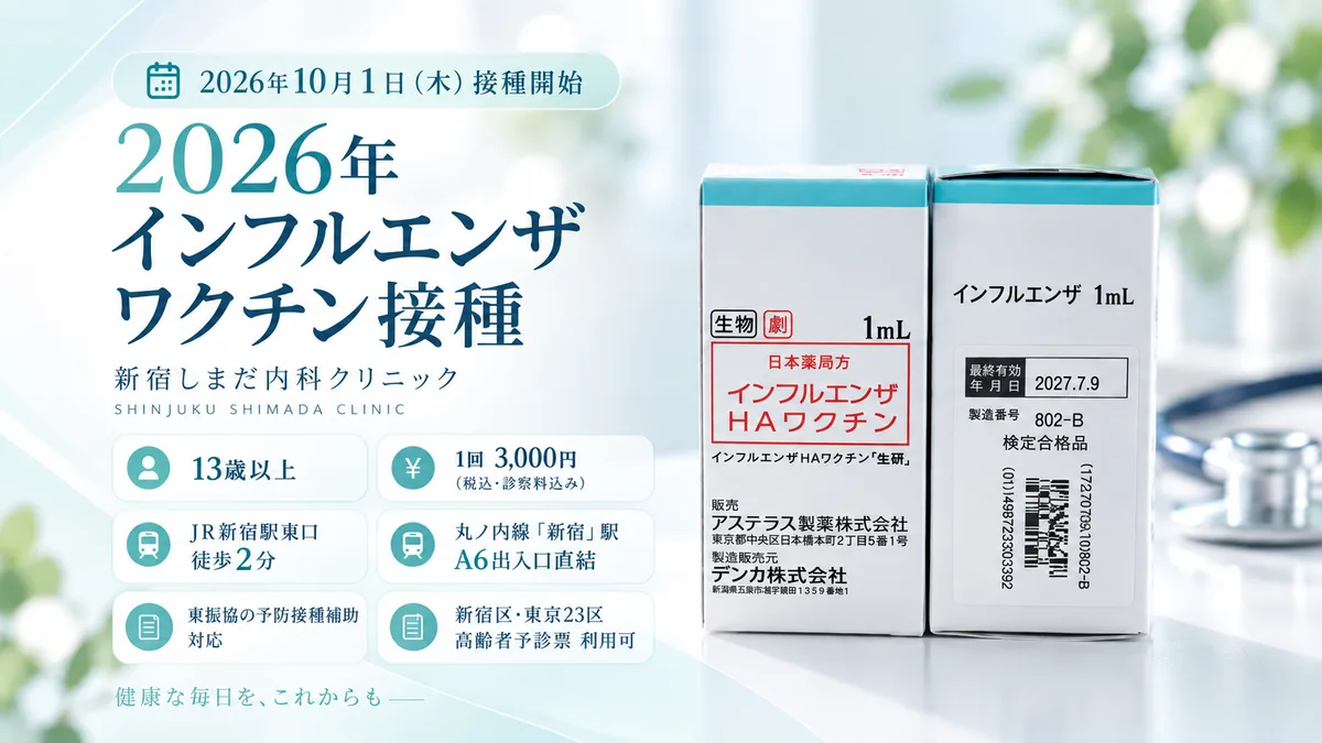 2026年インフルエンザワクチン接種 10月1日（木）開始 13歳以上 1回3,000円（税込・診察料込み） 東振協の予防接種補助対応 新宿しまだ内科クリニック
