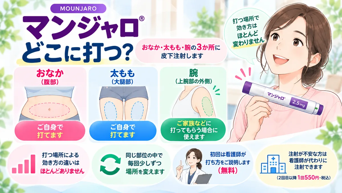 マンジャロはどこに打つ? おなか・太もも・腕の3か所 打つ場所による効き方の違いはほとんどありません 初回は看護師が打ち方をご説明します 新宿しまだ内科クリニック