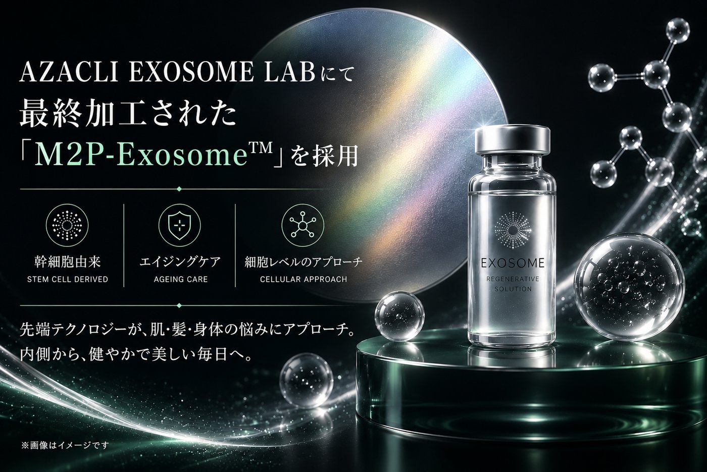 AZACLI EXOSOME LABにて最終加工された「M2P-Exosome™」を採用。幹細胞由来・エイジングケア・細胞レベルのアプローチ。国内ドナー由来のヒト脂肪由来エクソソーム製剤。
